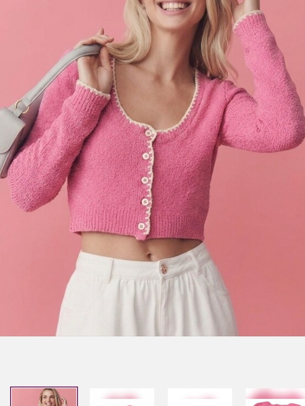 Zara Pink Cropped Cardigan with Cream Trim